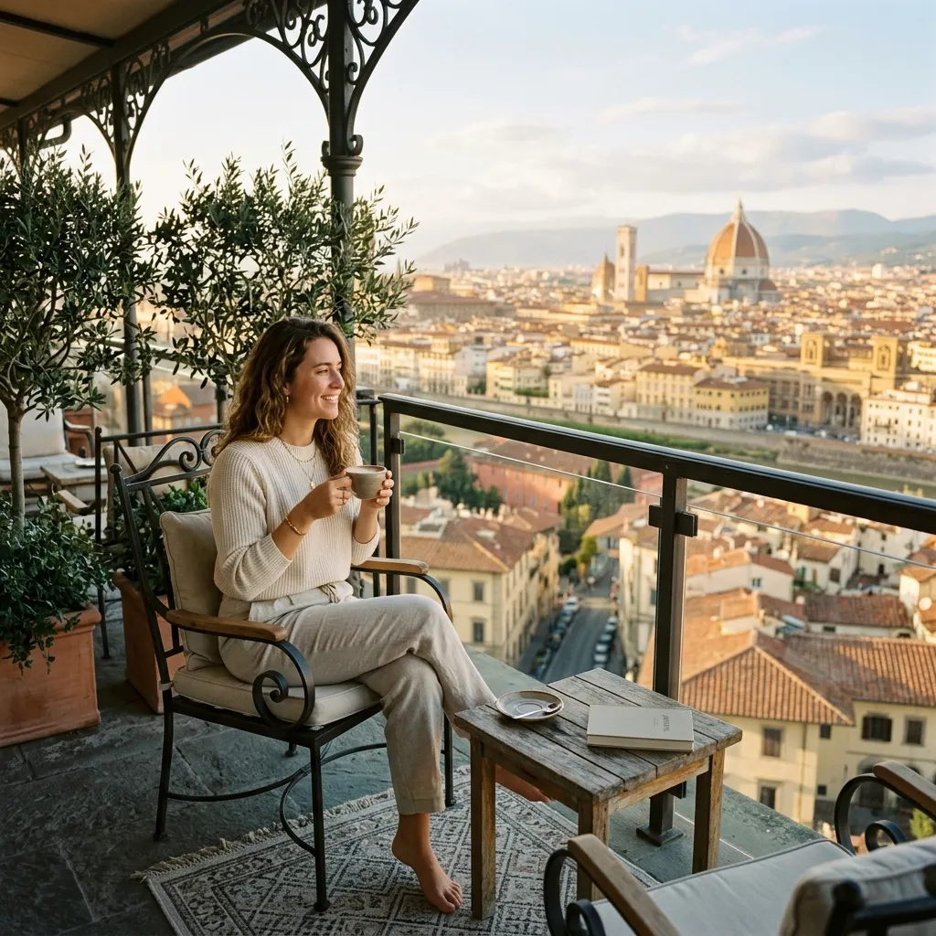 Relaxed traveler on hotel balcony