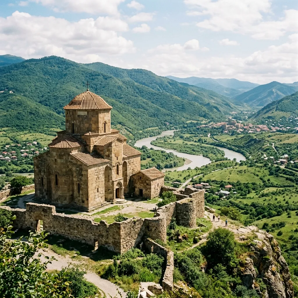 Ancient Georgian architecture and Caucasus mountains